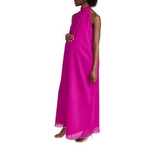 Hatch Jordana Fuchsia Pink Chiffon Halter Maxi Dress High Neck Pleated Pockets S
